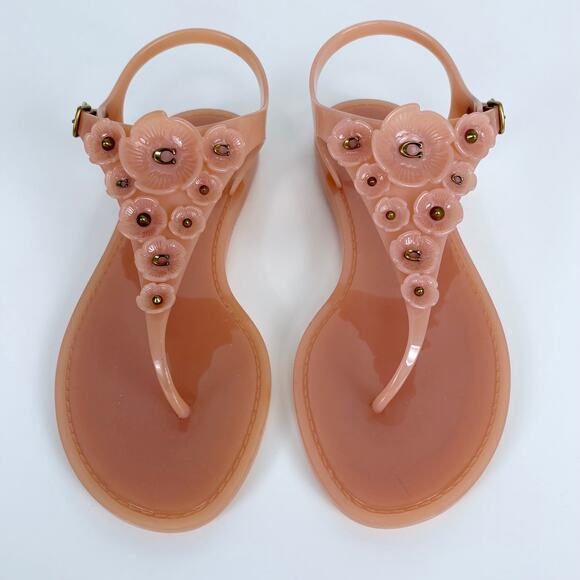 Coach Tea Rose Jelly Flat Floral Studded Sandals Size 7 Feminine Dainty Vacation - Picture 3 of 9
